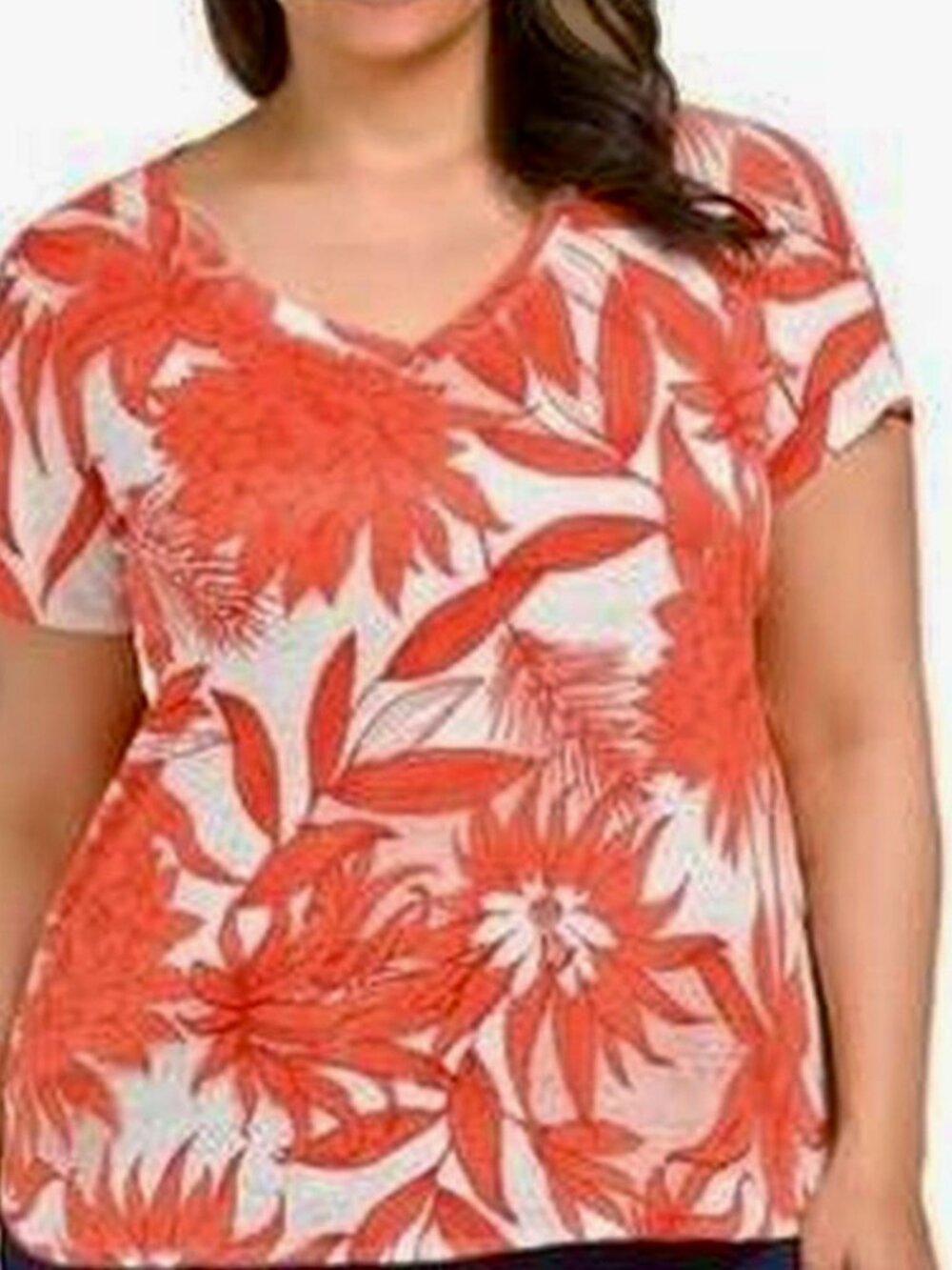 LADIES SIZE XL HALSTON FLORAL SCOOP NECK CAP SLEEVE LINEN SHIRT TOP BLOUSE